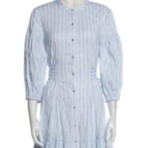 Cinq A Sept- XS- Crinkle Lt. Blue Striped Puff Sleeve/Ruffle Bottom Shirtdress